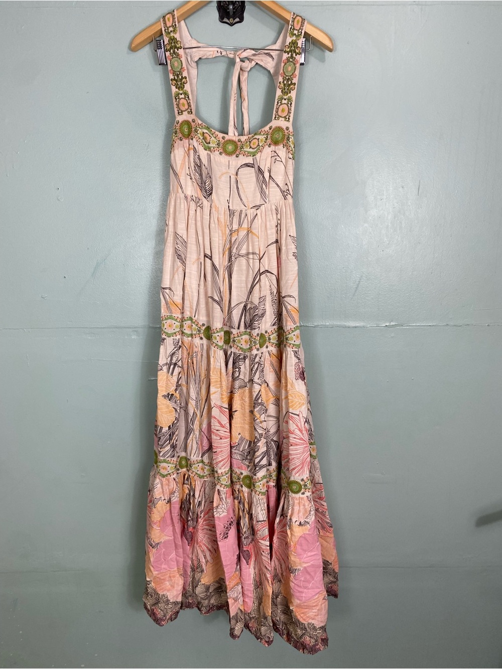 Anthropologie Square Neck Floral Embroidered Beaded Maxi Dress XL Sundress - Picture 2 of 11